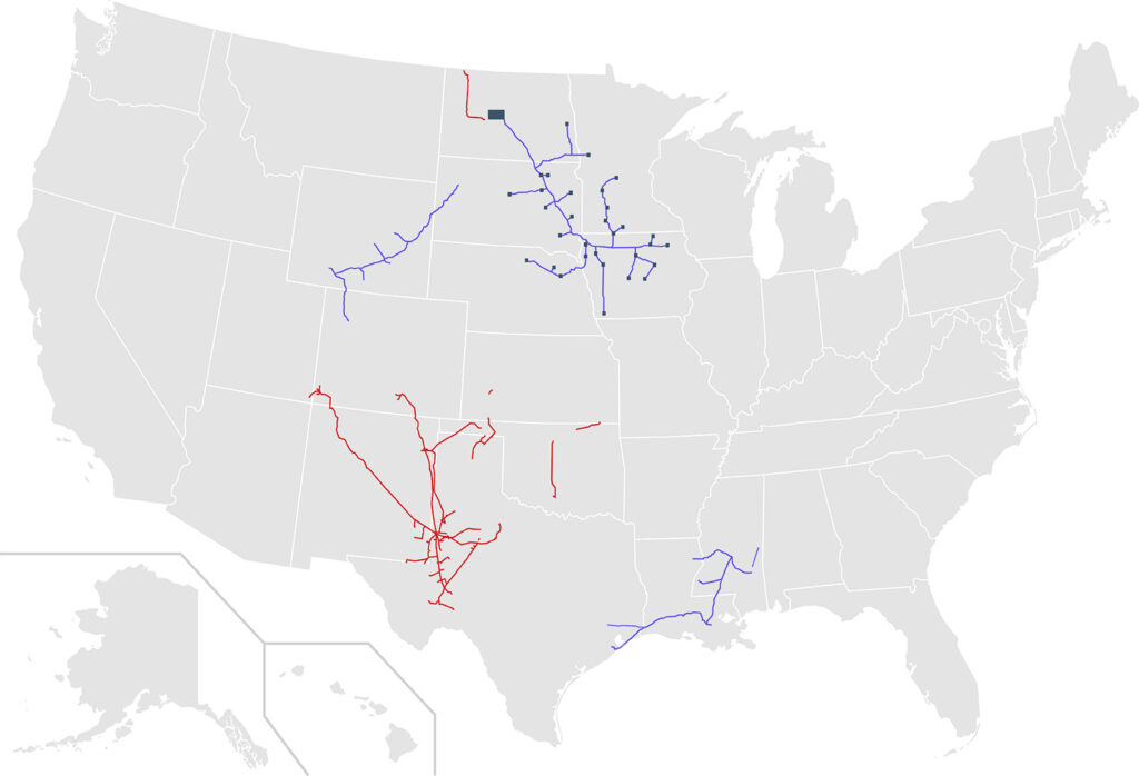 A map of all of the current and proposed C02 pipelines in the US.