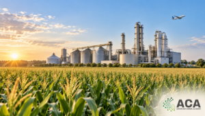 Cornfield and ethanol plant representing carbon intensity and new agricultural energy markets