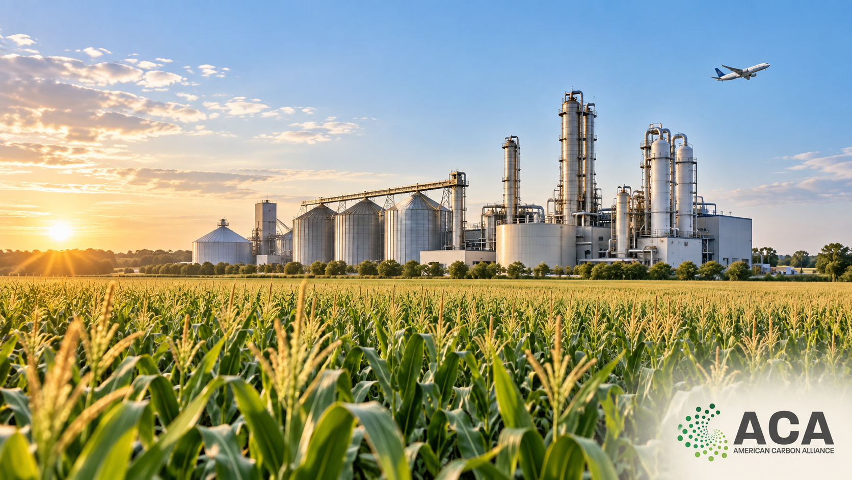 Cornfield and ethanol plant representing carbon intensity and new agricultural energy markets